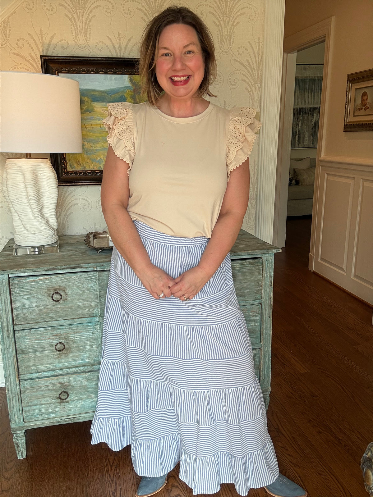 Blue and White Seersucker Maxi Skirt