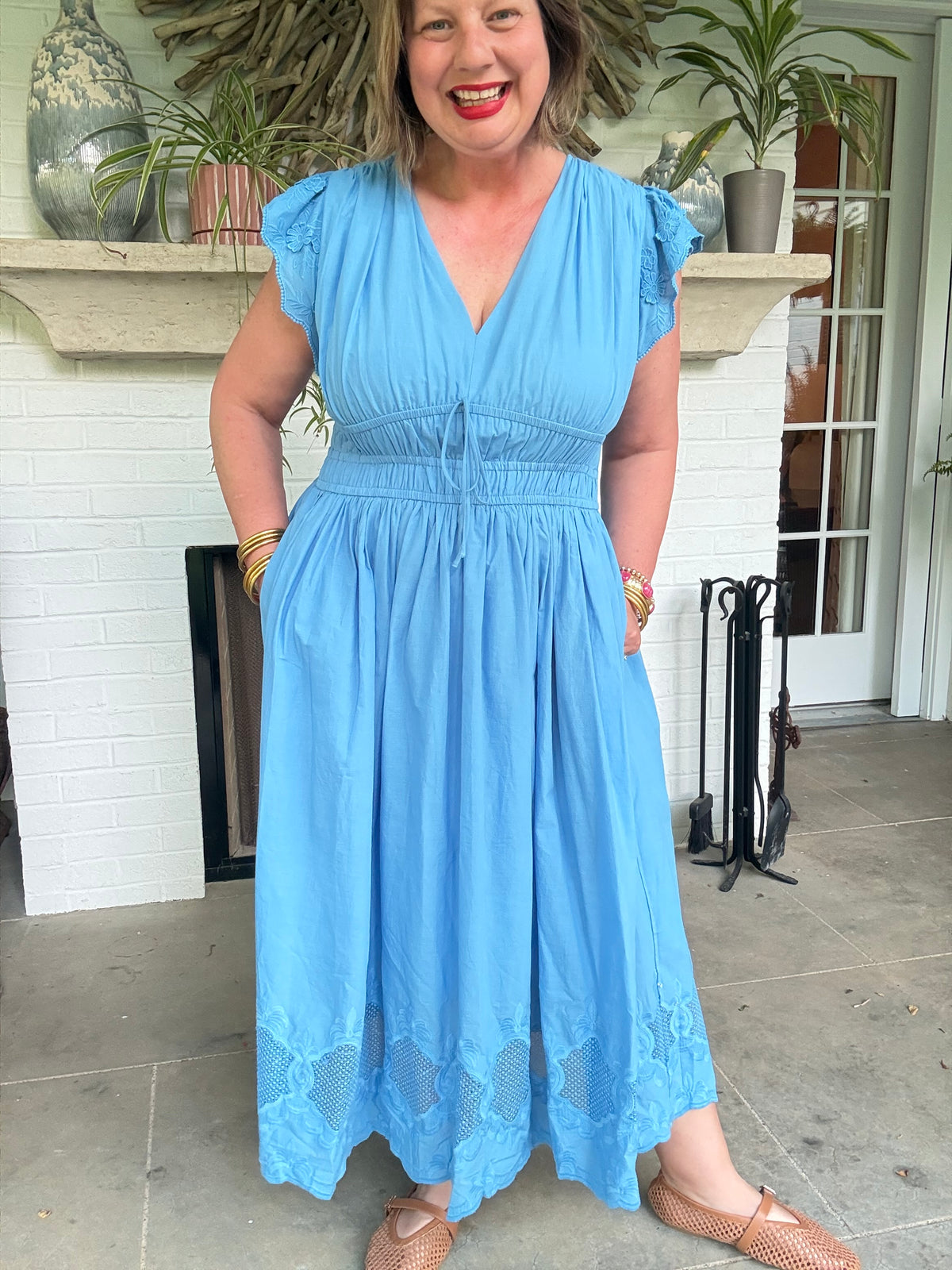 V-Neck Flutter Sleeve Elastic Waist Midi Dress with Tie Front Detail - Faded Blue