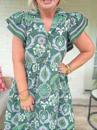 Golden Season Dress w/ Ruffle Sleeve - Green