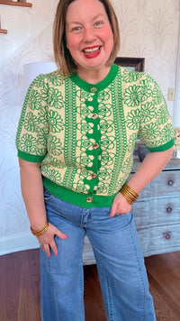 Short Sleeve Floral Button Up Cardigan Sweater