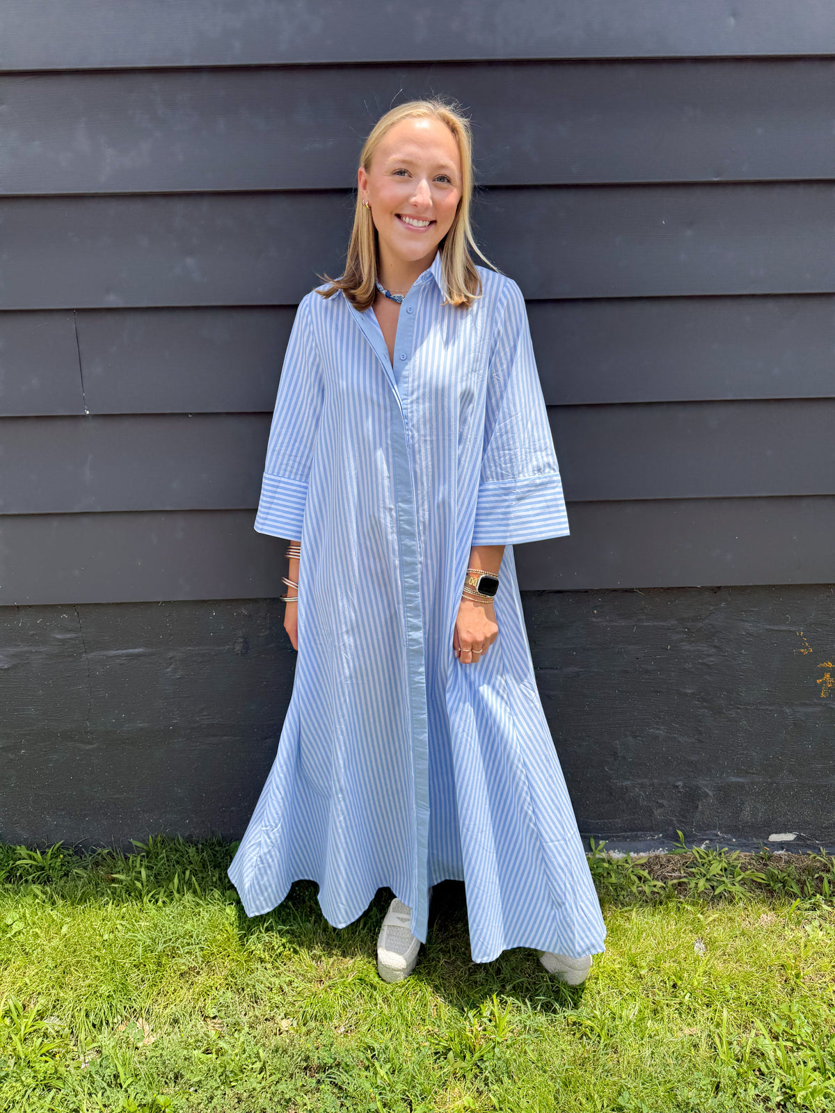 Mary Button Up Stripe Maxi Dress - Blue