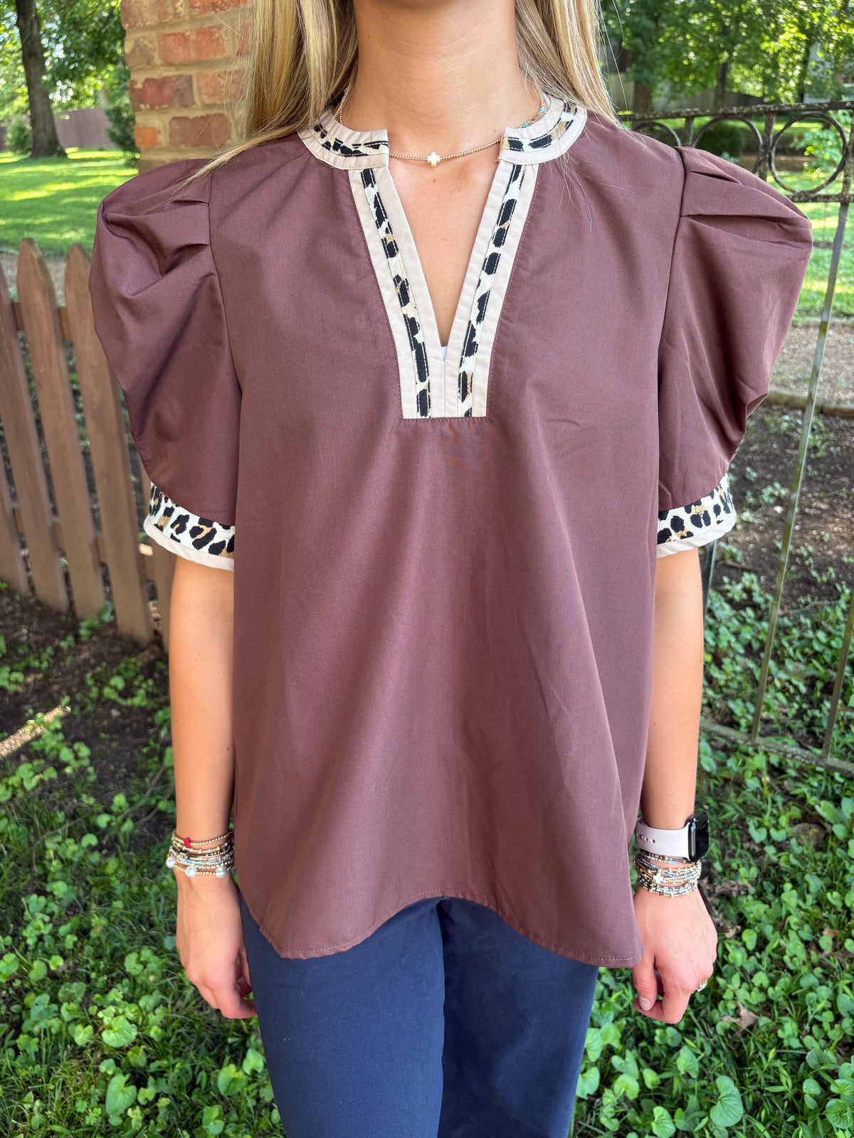 Wild Side Leopard Trim Top - Brown