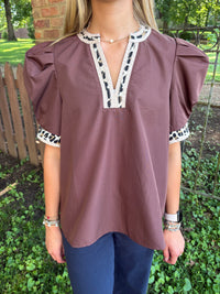 Wild Side Leopard Trim Top - Brown