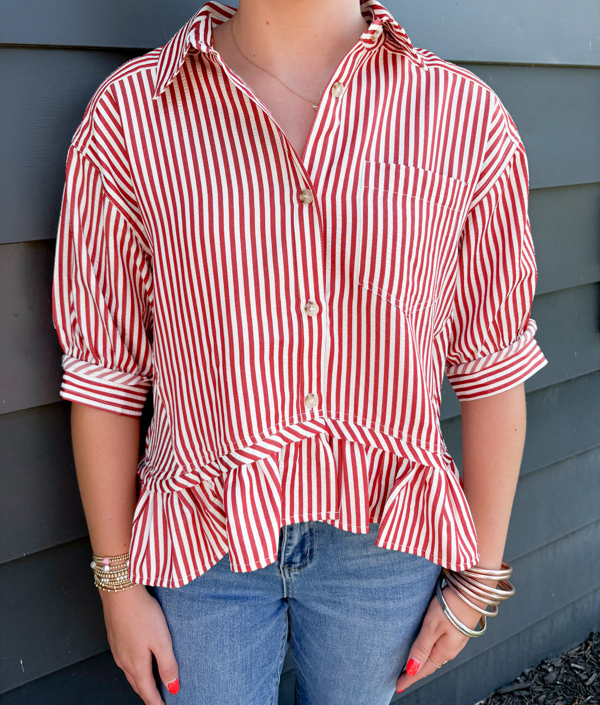 Falling for Stripes Ruffle Top - Brick