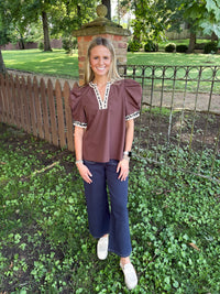 Wild Side Leopard Trim Top - Brown