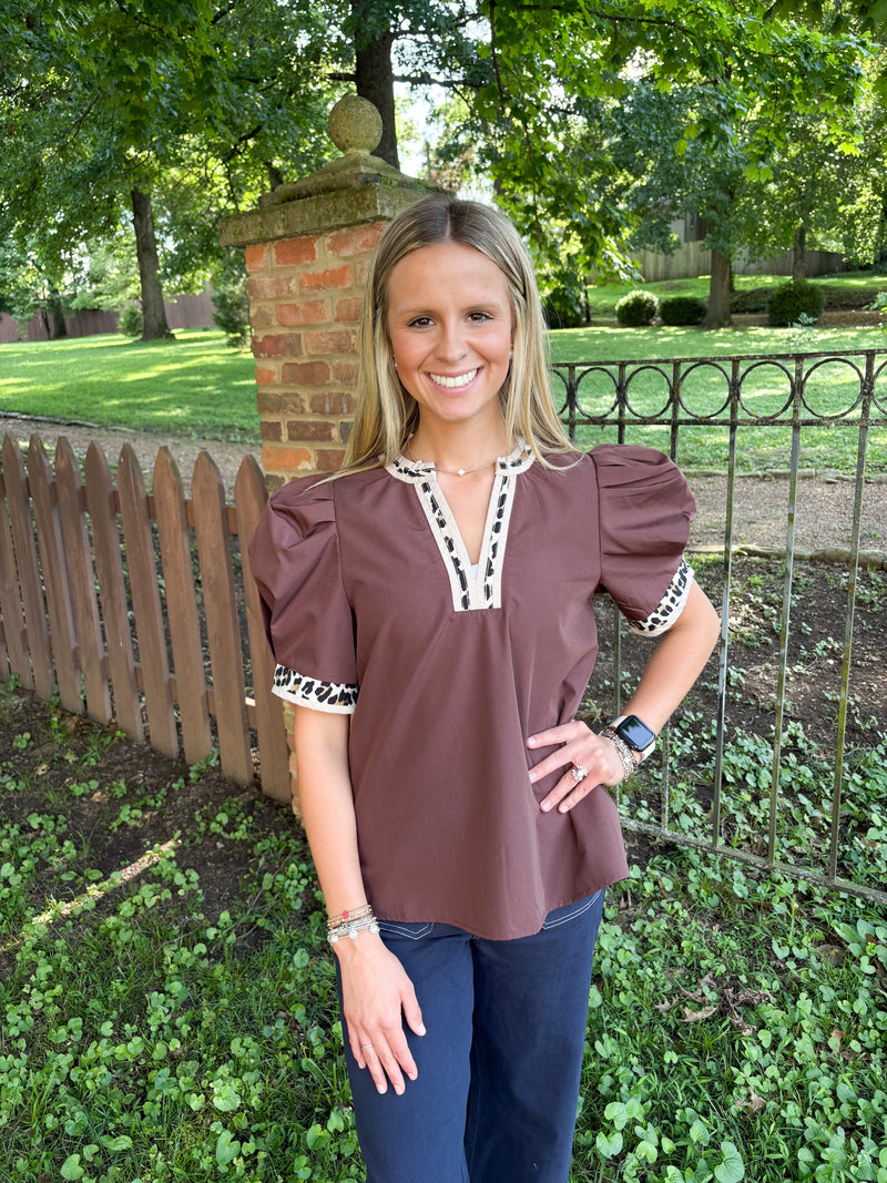 Wild Side Leopard Trim Top - Brown