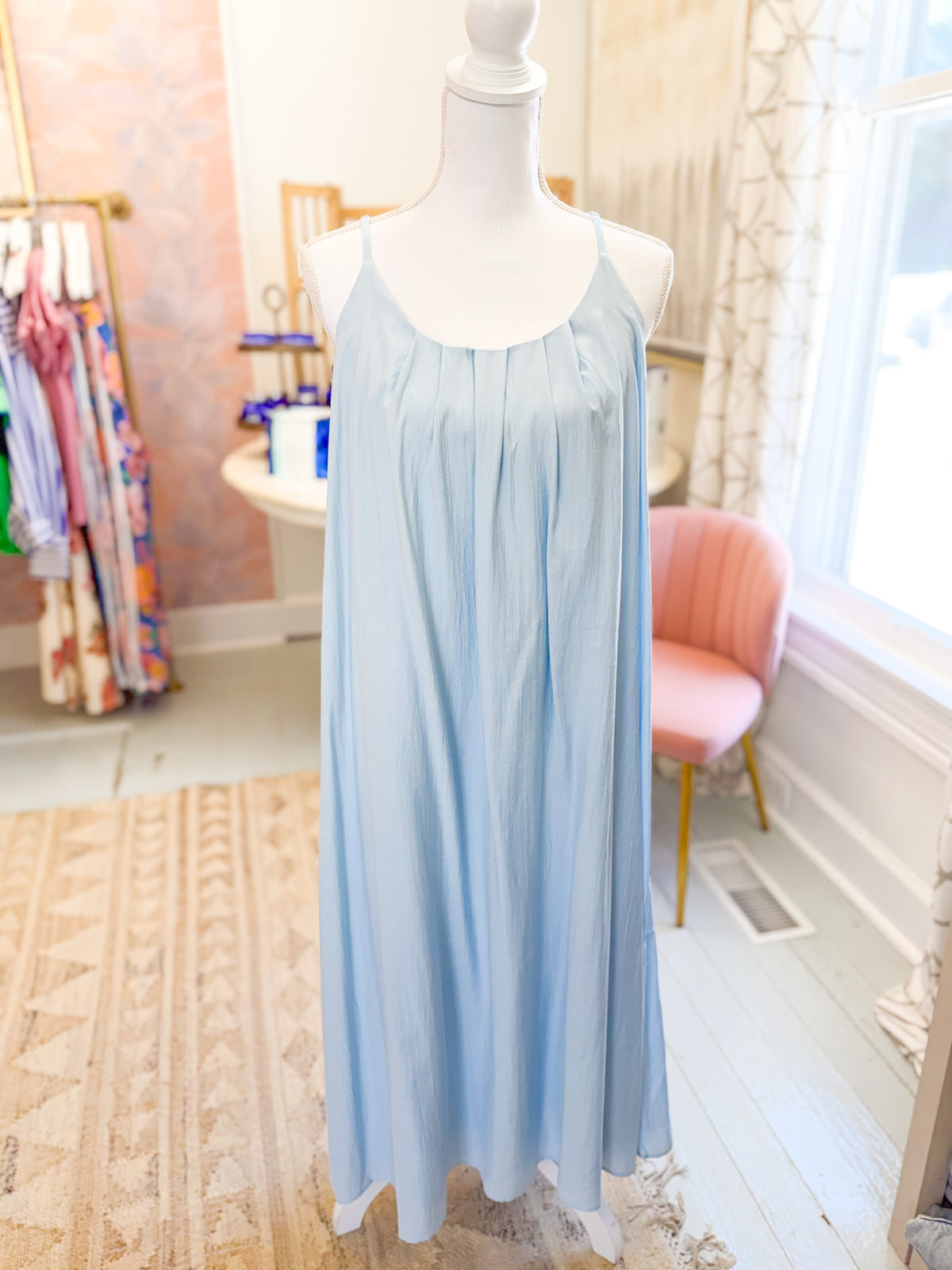 Pleated Round Neck Sleeveless Maxi Dress - Baby Blue