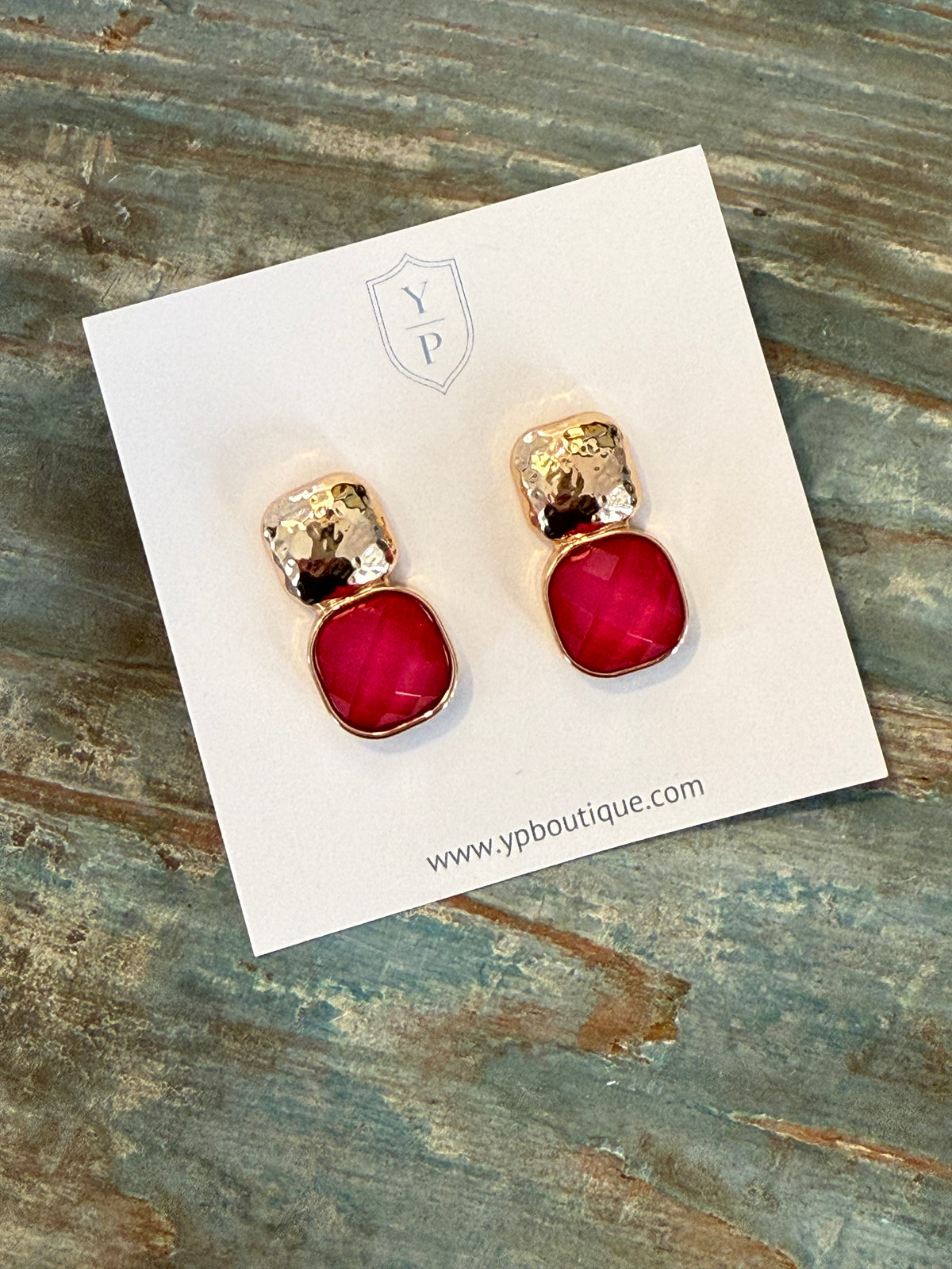 Pink Stone Drop Earrings with Hammered Gold Stud