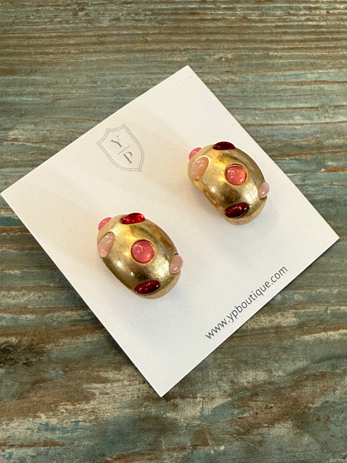 Gold Stud Earrings with Pink and Red Stone Accents