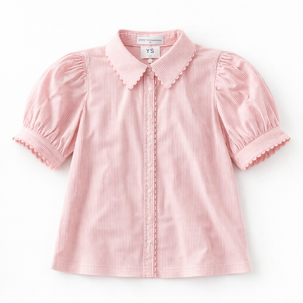 Puff Sleeve Button Down Blouse with Scalloped Trim - Peach