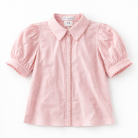 Puff Sleeve Button Down Blouse with Scalloped Trim - Peach