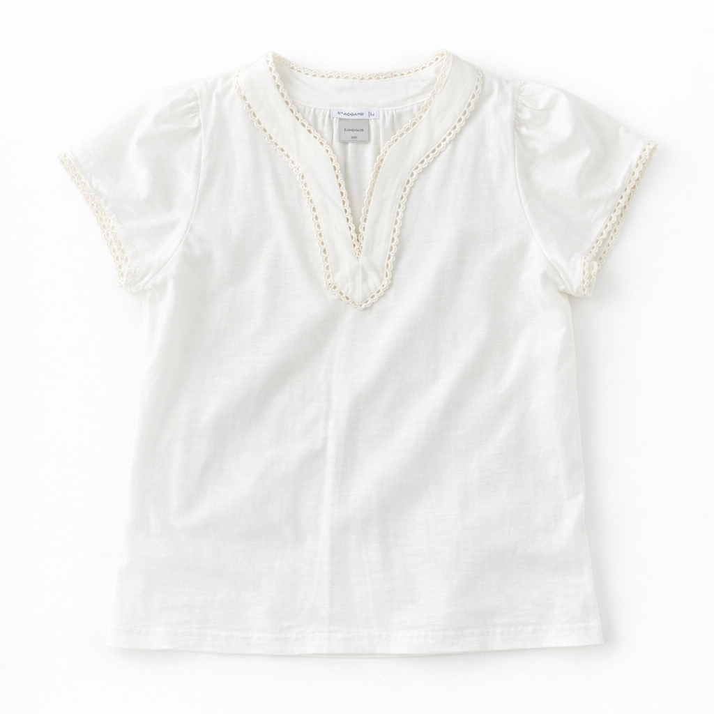 Scalloped Edge Trim Short Sleeve Top - White