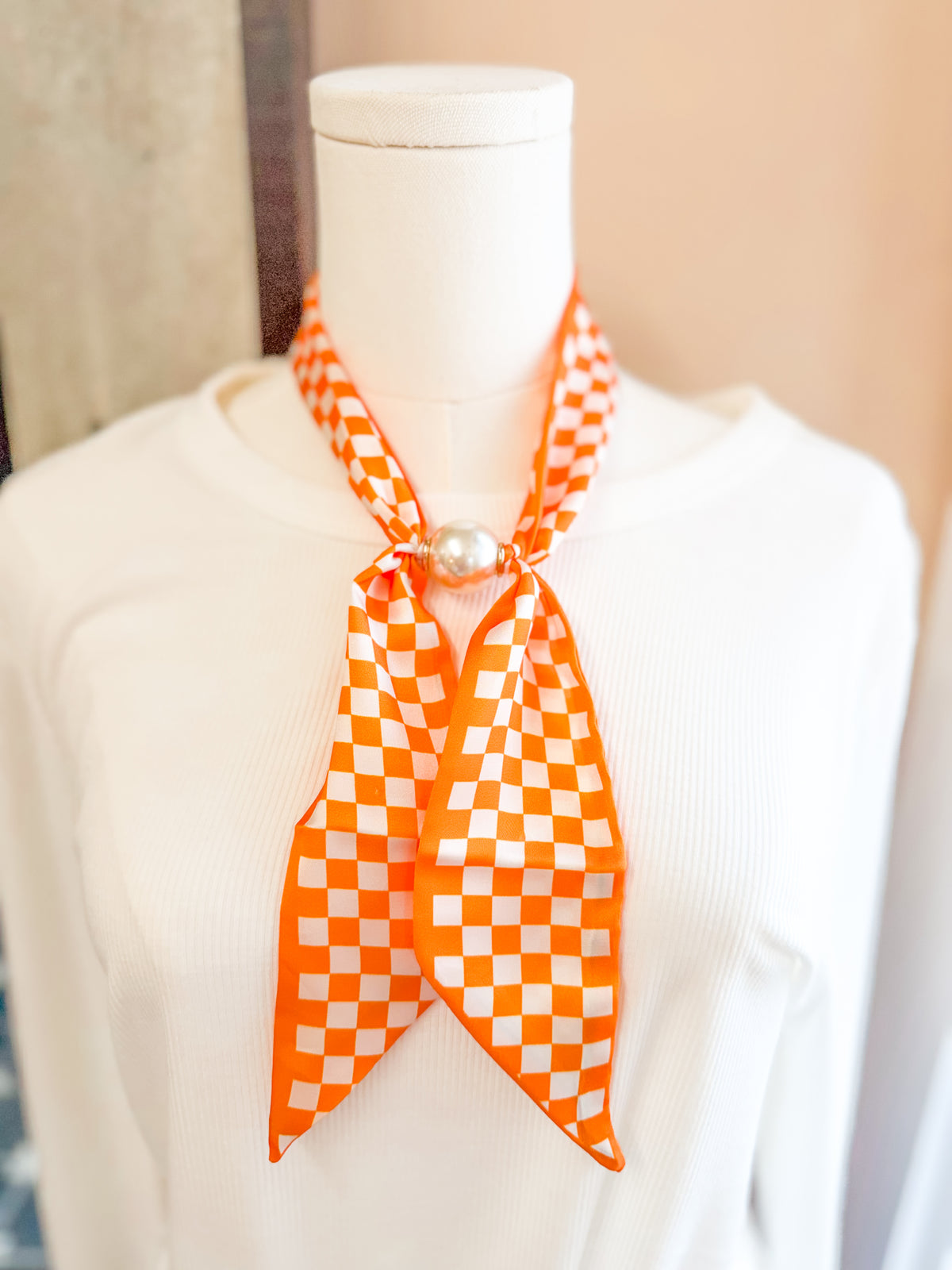 Checkered Magnetic Scarf - Orange and White