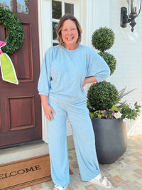 Terry Cropped Sleeve Crew Neck with Wide Leg Pant - Heather Sky Blue