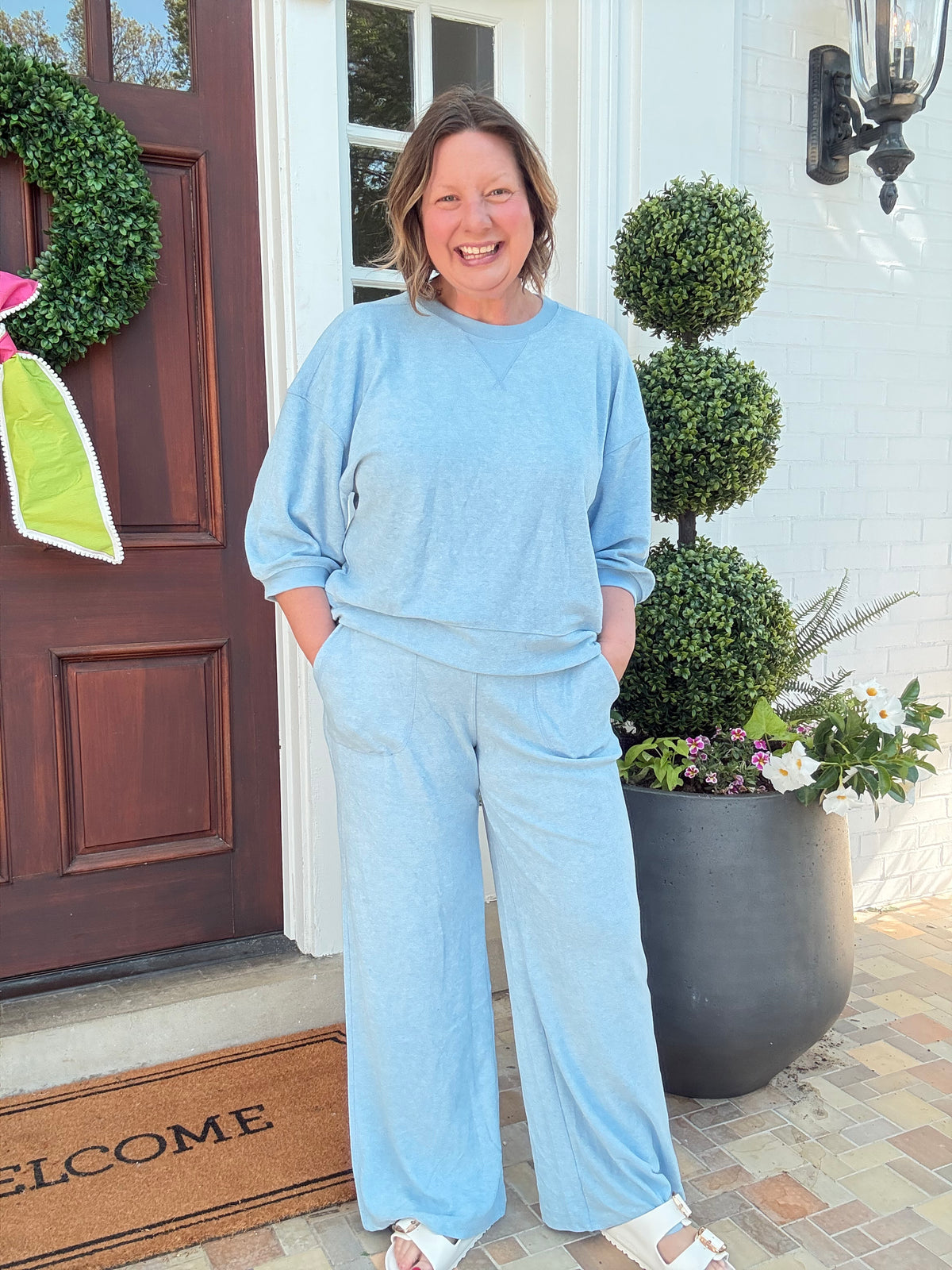 Terry Cropped Sleeve Crew Neck with Wide Leg Pant - Heather Sky Blue