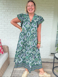 Golden Season Dress w/ Ruffle Sleeve - Green