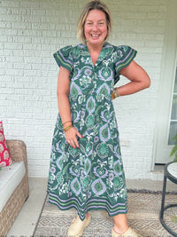 Golden Season Dress w/ Ruffle Sleeve - Green