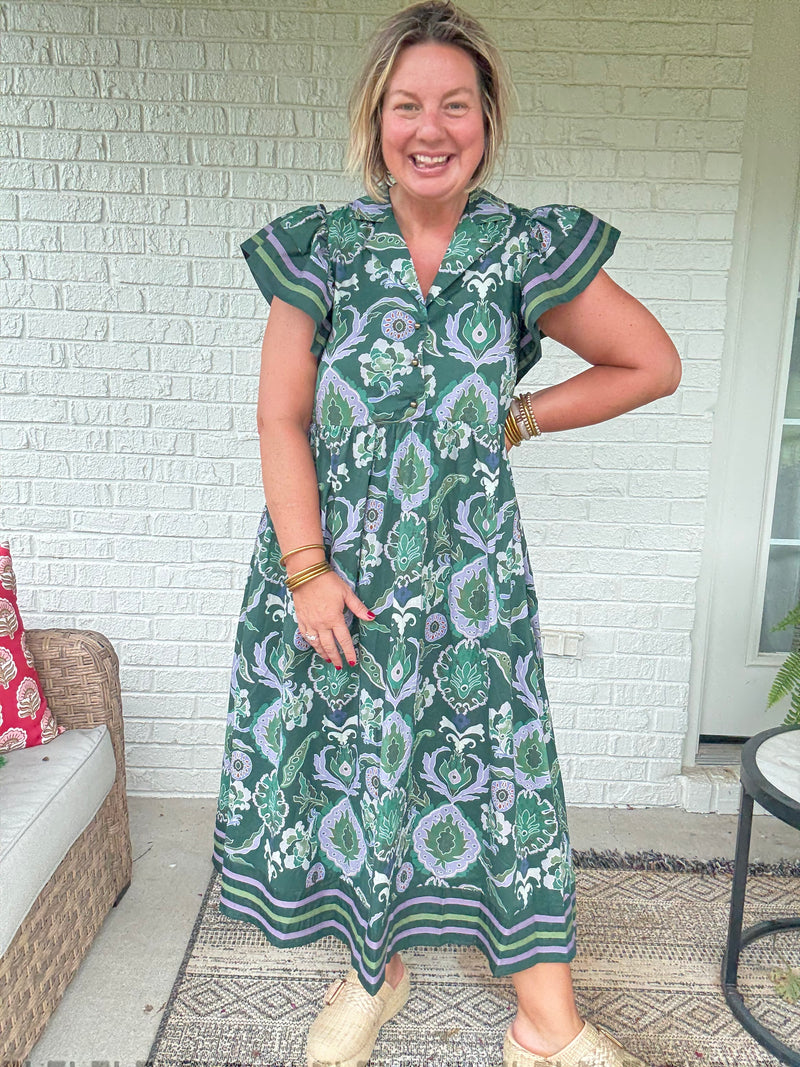 Golden Season Dress w/ Ruffle Sleeve - Green