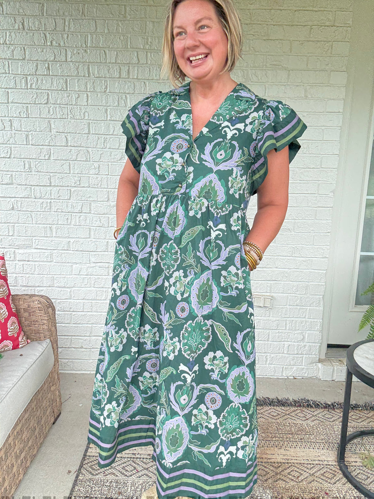 Golden Season Dress w/ Ruffle Sleeve - Green