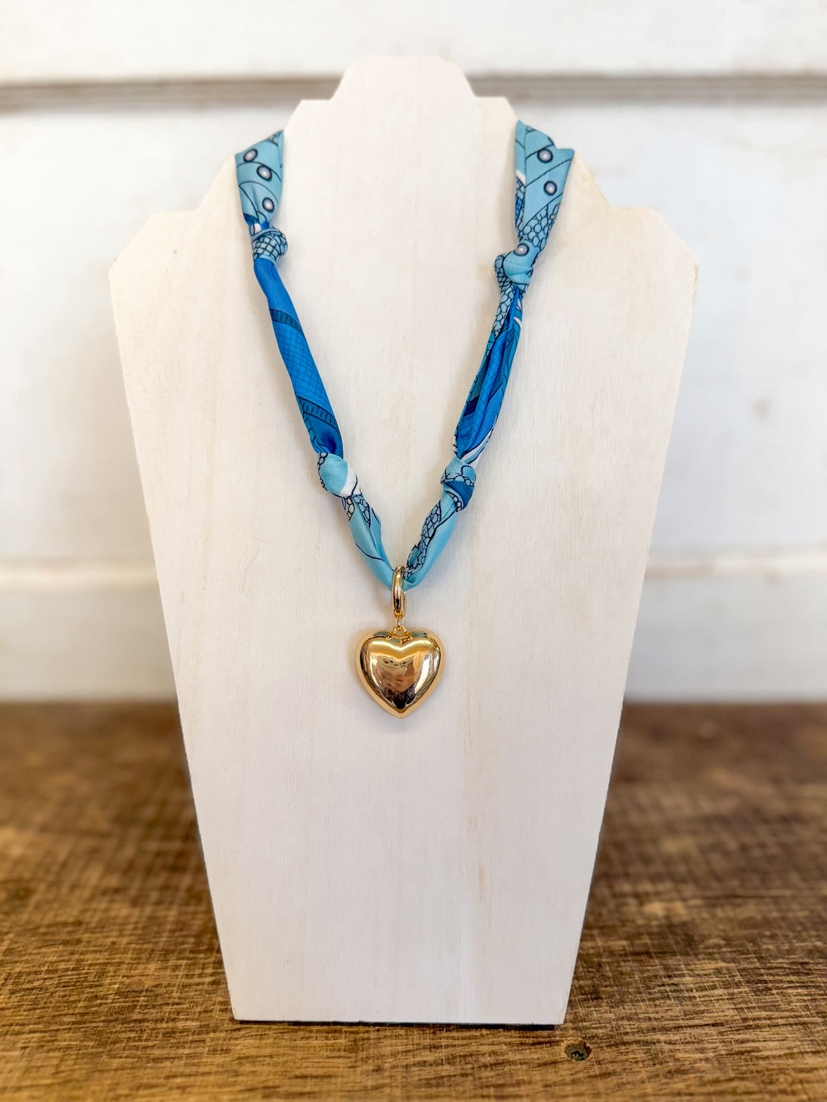Gabby Puffy Heart Twilly Scarf Necklace in Aqua