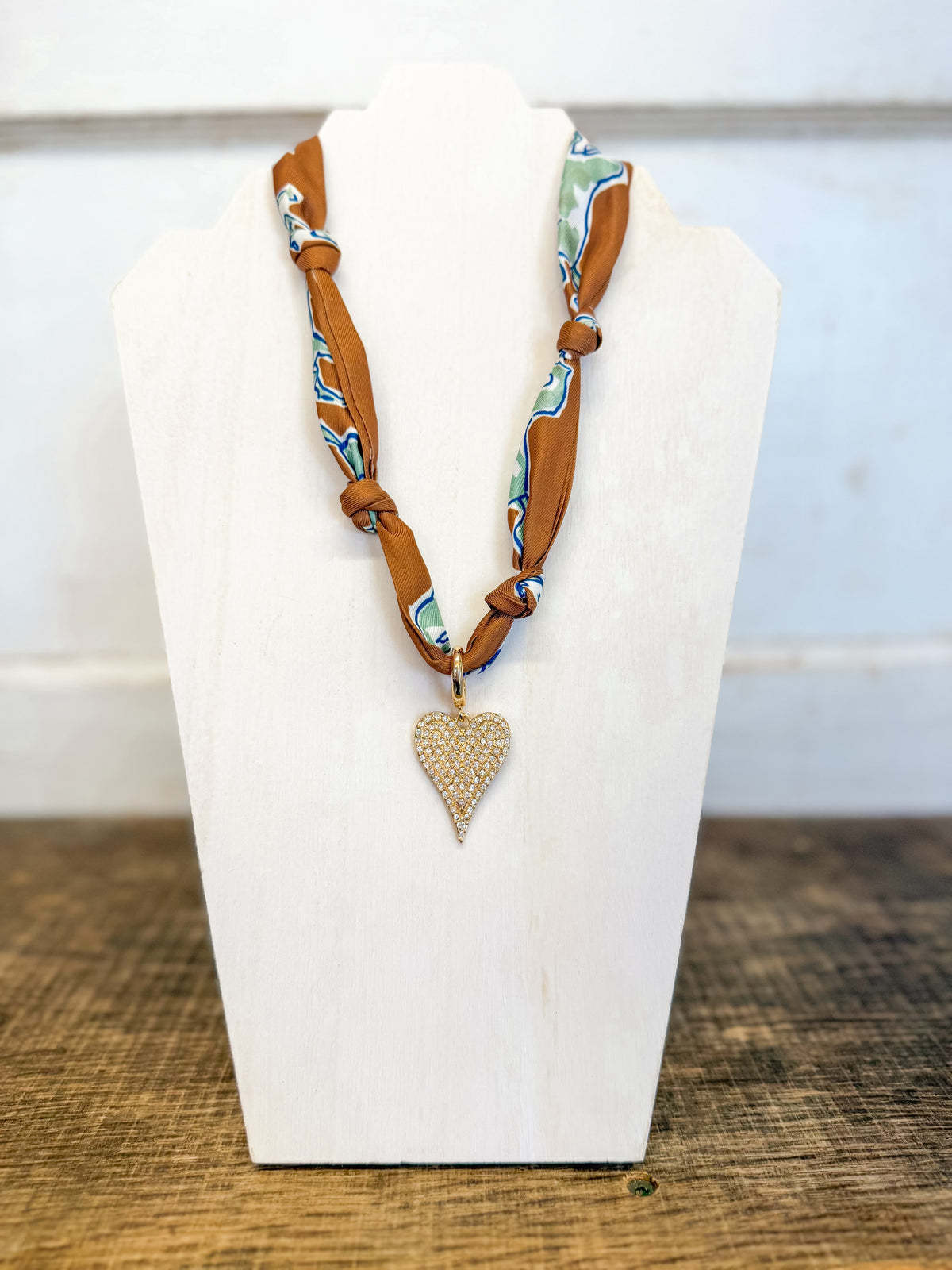 Winnie Pave Heart Scarf Necklace in Brown & Green