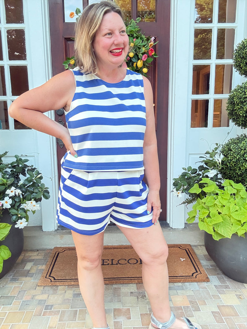 Blue and White Stripe Knit Top and Short Set