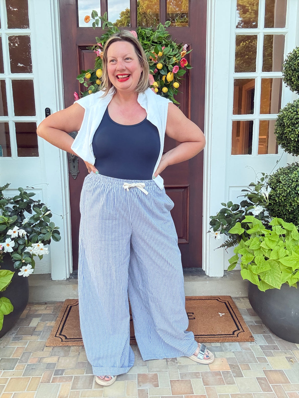 Pinstripe Wide Leg Pant with Drawstring - Denim Blue