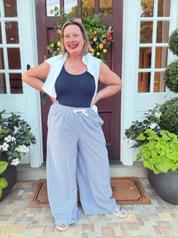 Pinstripe Wide Leg Pant with Drawstring - Denim Blue