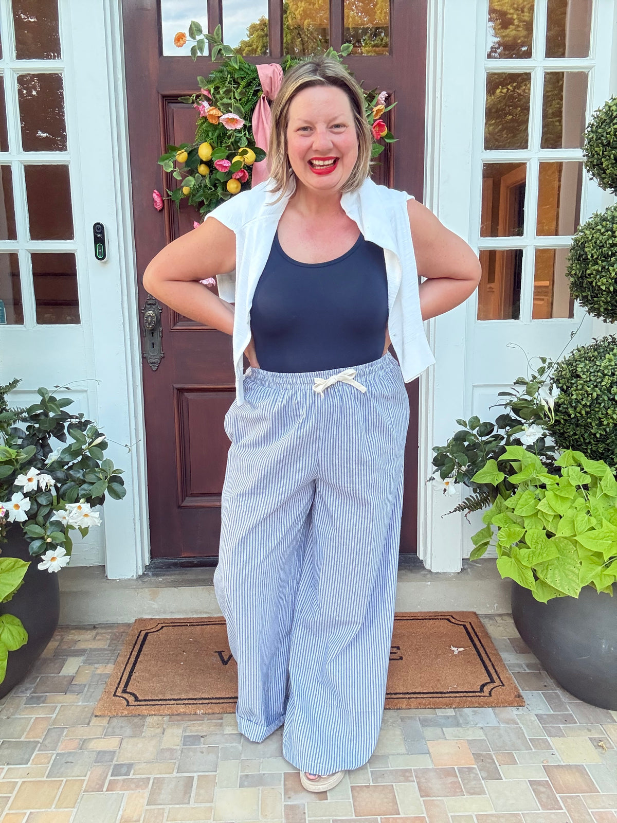 Pinstripe Wide Leg Pant with Drawstring - Denim Blue