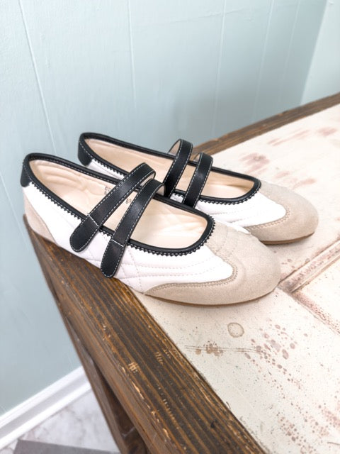 Women's Cream Mary Jane Sneakers with Black Double Strap