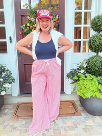 Pinstripe Wide Leg Pant with Drawstring - Red