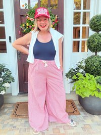 Pinstripe Wide Leg Pant with Drawstring - Red