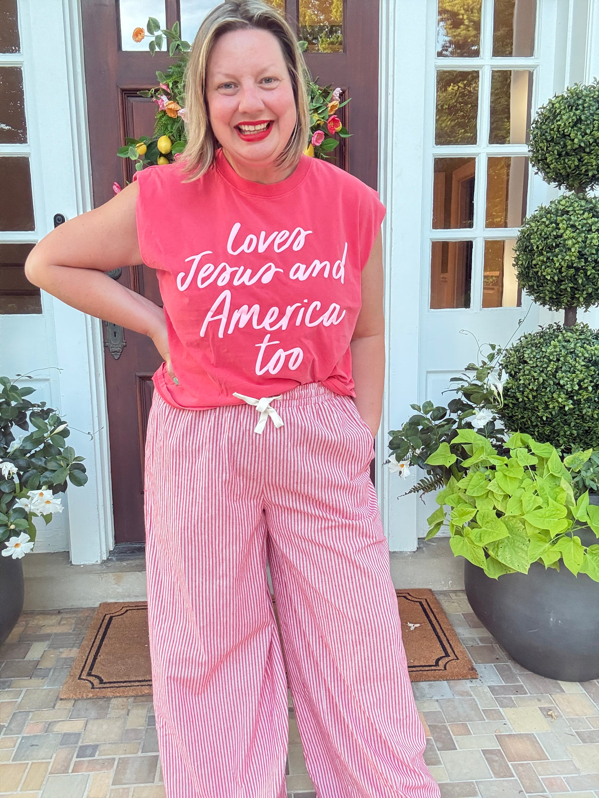 Pinstripe Wide Leg Pant with Drawstring - Red