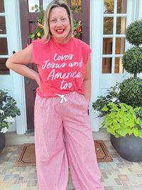 Pinstripe Wide Leg Pant with Drawstring - Red