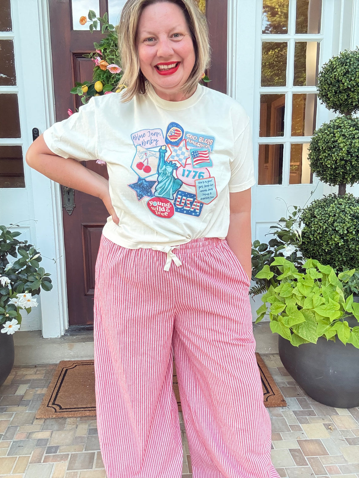 Pinstripe Wide Leg Pant with Drawstring - Red