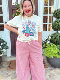 Pinstripe Wide Leg Pant with Drawstring - Red