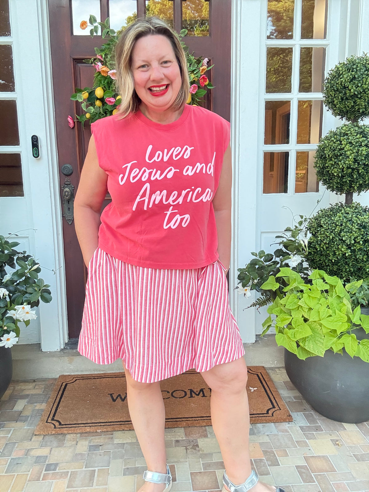 Striped Linen Skort with Drawstring - Red