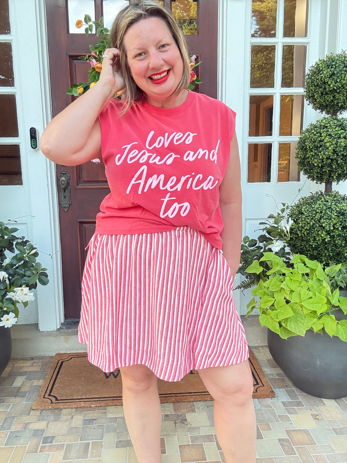Striped Linen Skort with Drawstring - Red