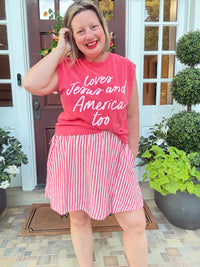 Striped Linen Skort with Drawstring - Red