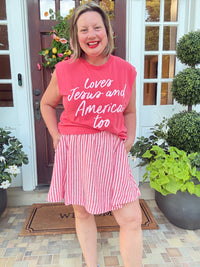 Striped Linen Skort with Drawstring - Red