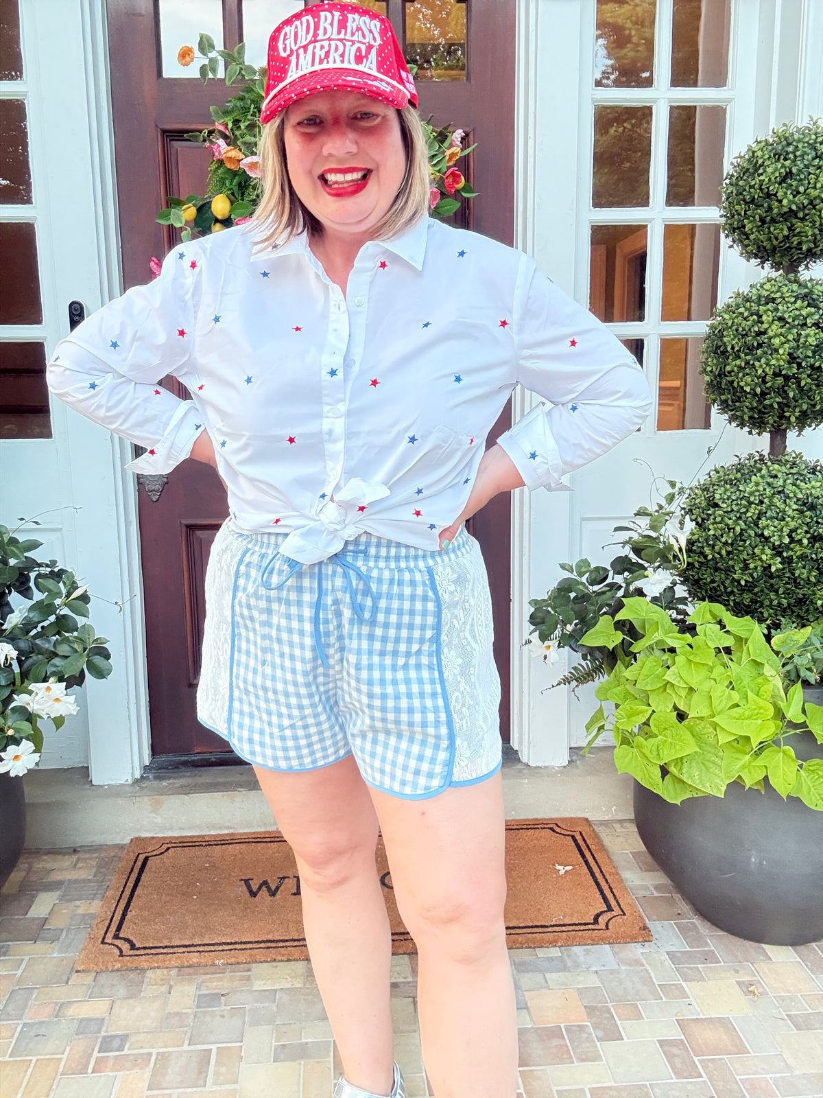 4th of July Blue Gingham Mini Shorts with Floral Lace