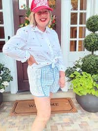 4th of July Blue Gingham Mini Shorts with Floral Lace