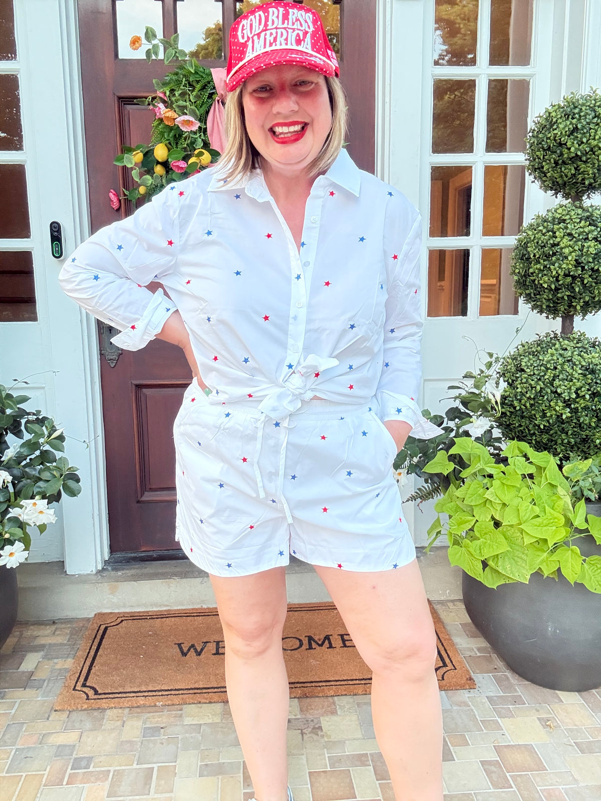 White Button Up with Red and Blue Stars