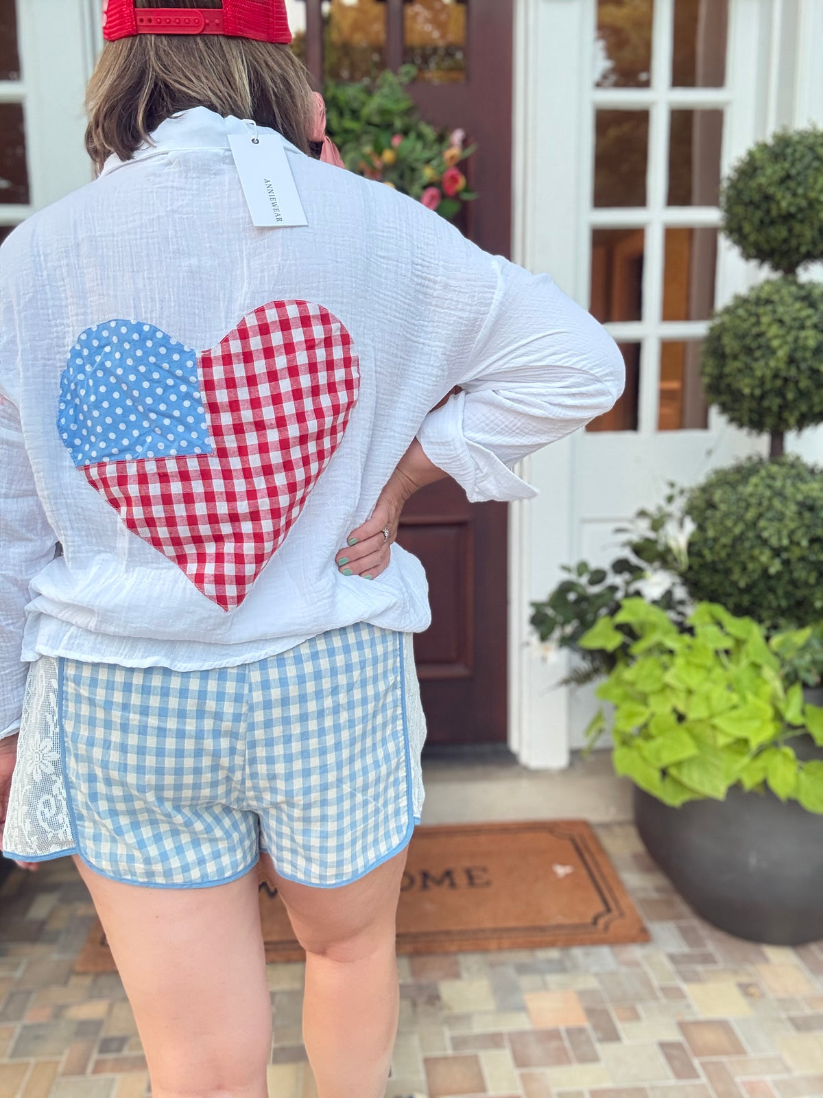 4th of July Check Heart Patch Cotton Gauze Shirt