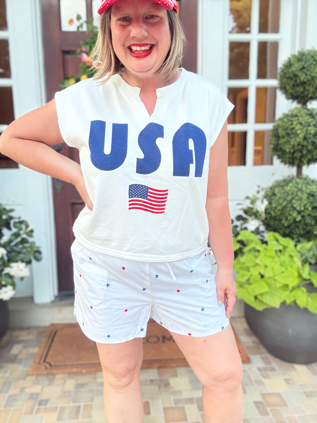 4th of July USA Flag French Terry Muscle Tank Top