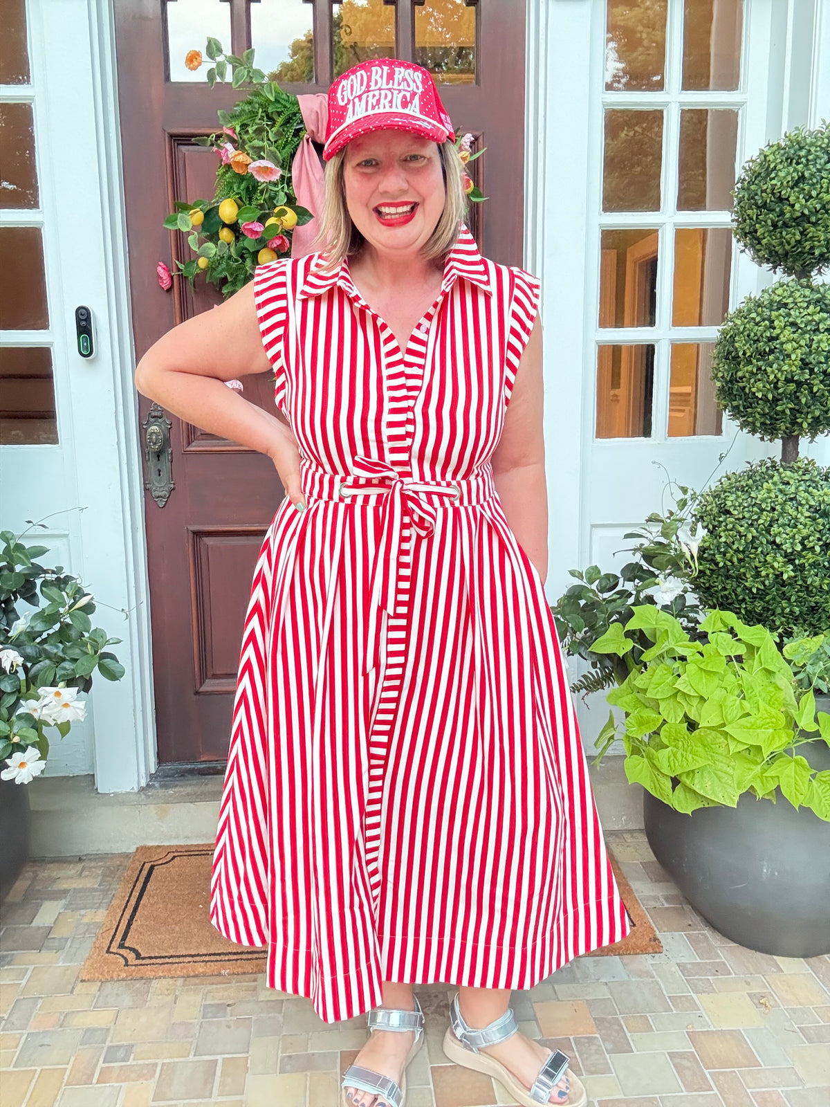 Red Stripe Belted Shirt Dress