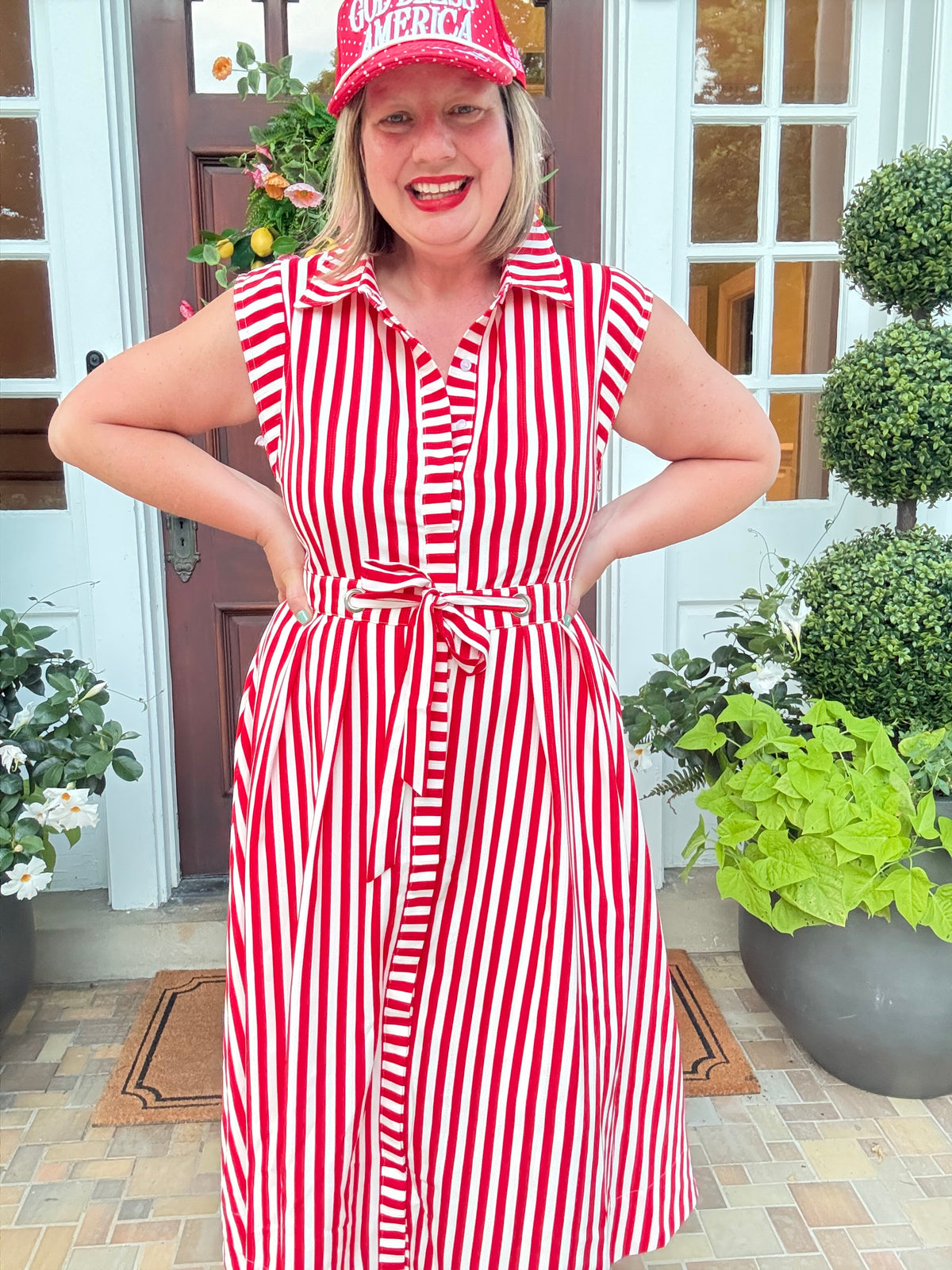 Red Stripe Belted Shirt Dress