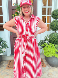 Red Stripe Belted Shirt Dress