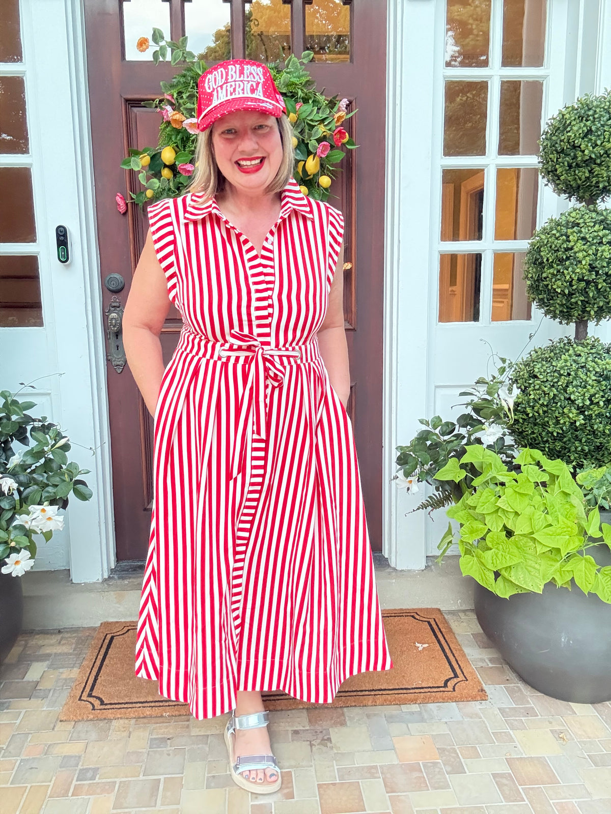 Red Stripe Belted Shirt Dress