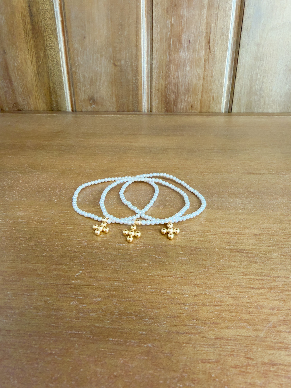 Classic Pearl 3mm Bracelet - Signature Cross 4mm Beaded Gold Charm